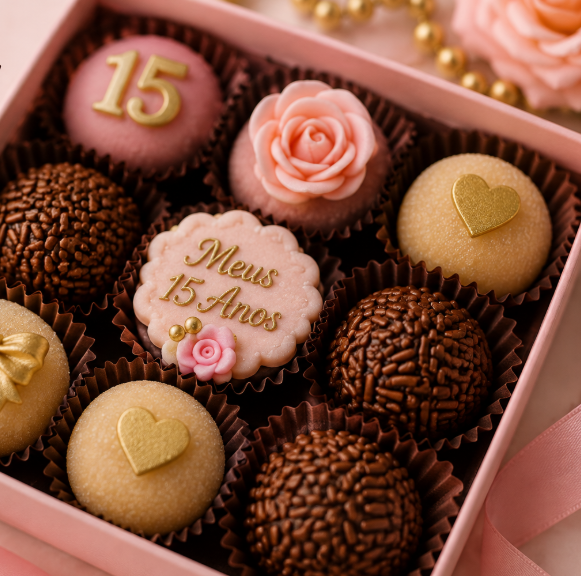 Caixa de brigadeiros e biscoitos personalizados de 15 anos da D'Licias Gourmet
