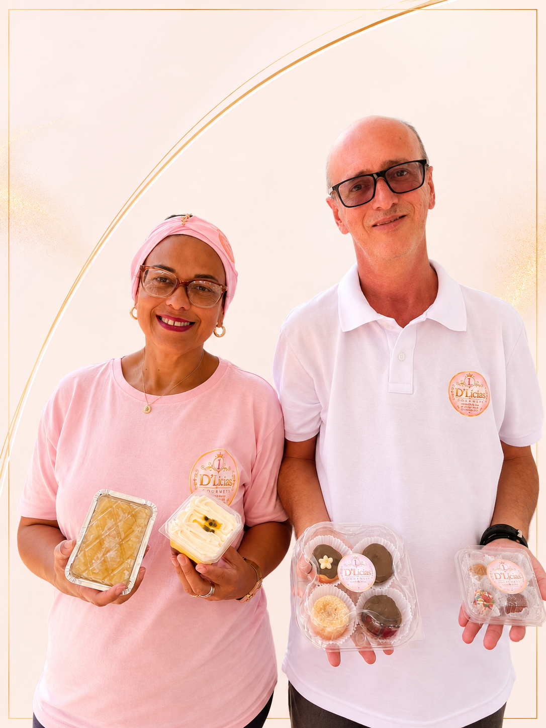 Fundadores da D'Lícias Gourmet apresentando bolo gelado, torta no pote e brigadeiros